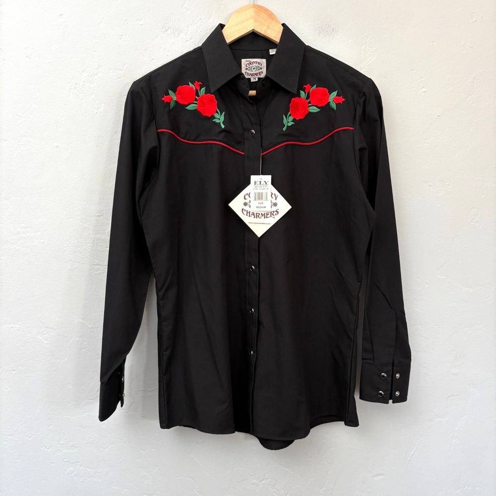 Ely Country Charmers Western Shirt Top Women Size Medium Black Embroidered New